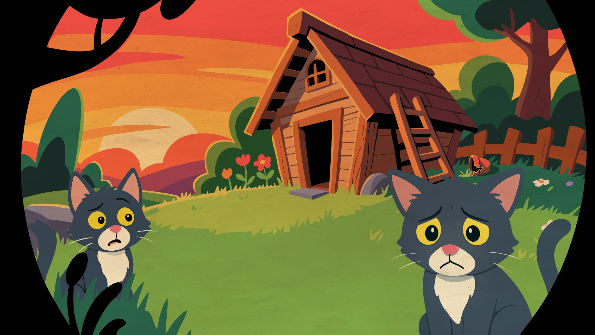 Two cartoon cats in a garden by a shed at sunset, both looking worried.