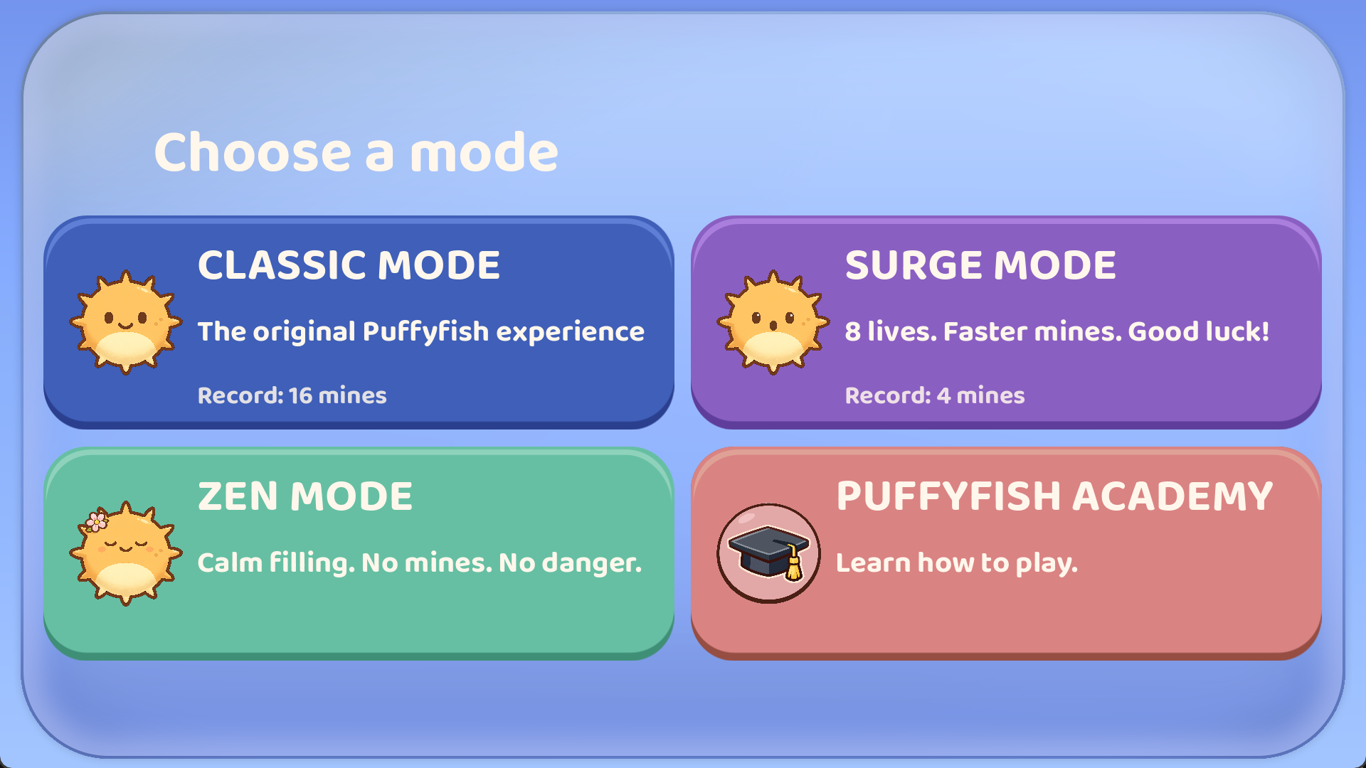 Mode selection screen titled “Choose a mode” with Classic Mode, Surge Mode, Zen Mode, and Puffyfish Academy.