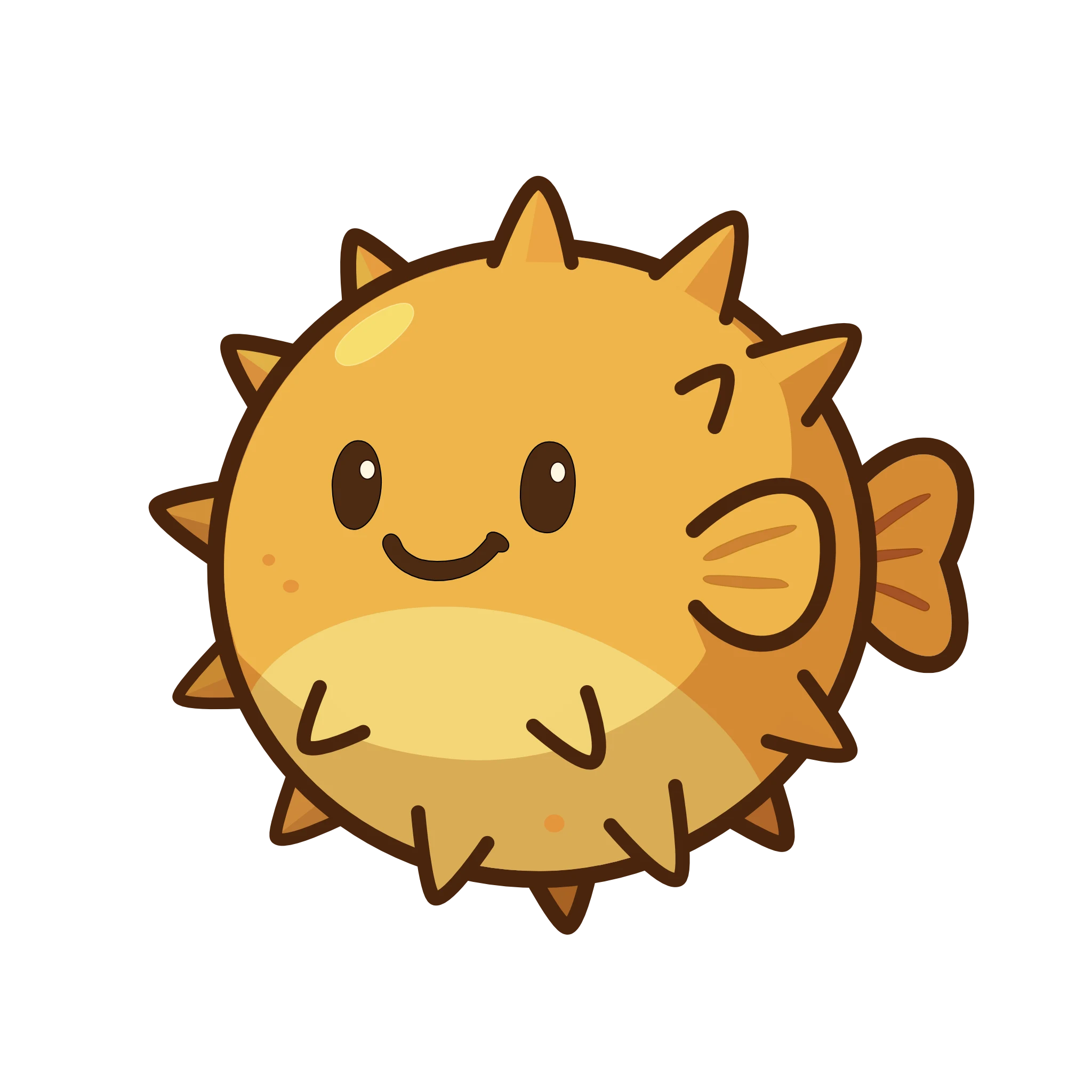 Puffyfish character sprite with fins and spikes, smiling on a transparent background.